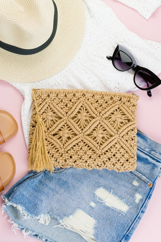 Ready for the Weekend Woven Macrame Tassel Clutch