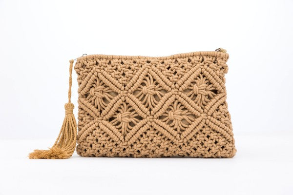 Ready for the Weekend Woven Macrame Tassel Clutch