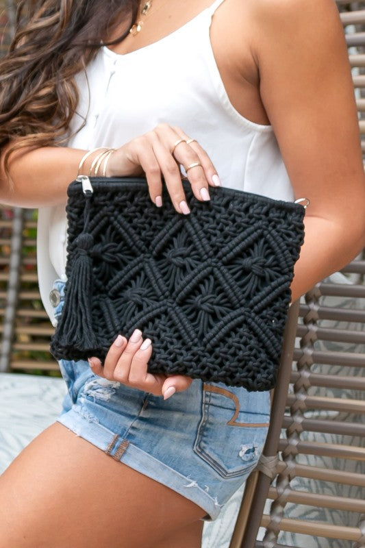Ready for the Weekend Woven Macrame Tassel Clutch