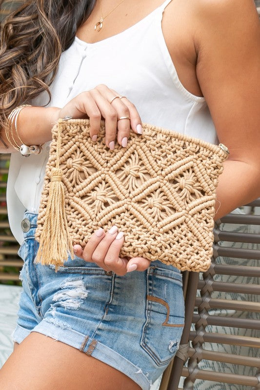 Ready for the Weekend Woven Macrame Tassel Clutch