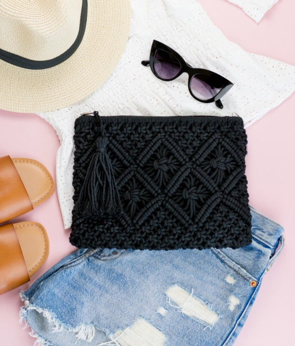 Ready for the Weekend Woven Macrame Tassel Clutch