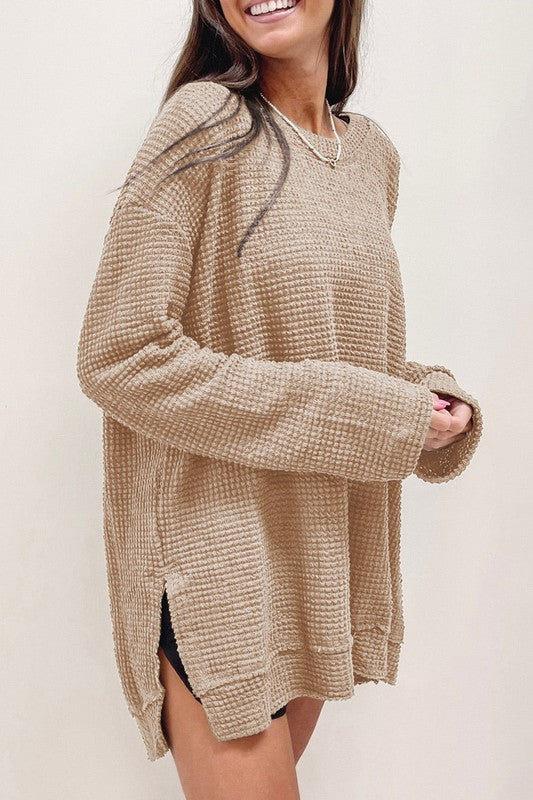 Effortlessly Cozy Waffle Knit Drop Sleeve Side Slits Oversized Top