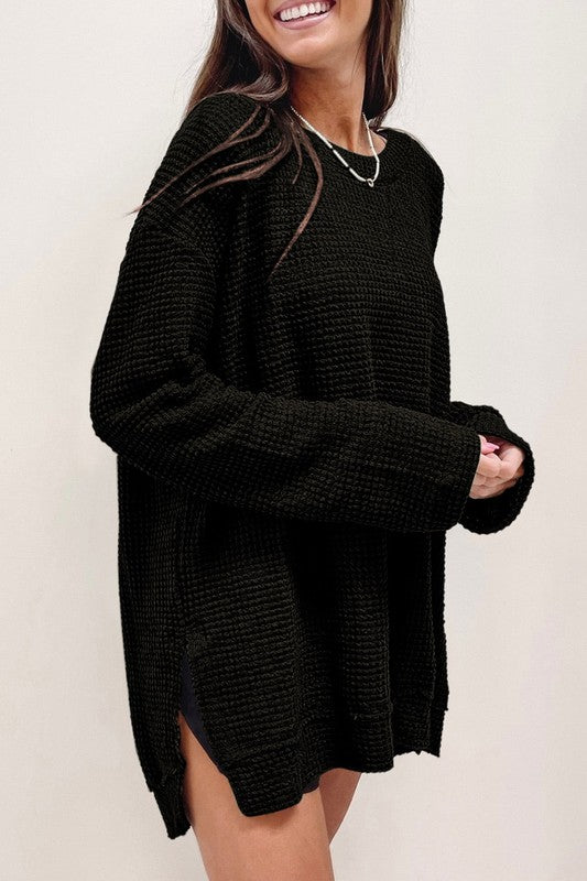 Effortlessly Cozy Waffle Knit Drop Sleeve Side Slits Oversized Top