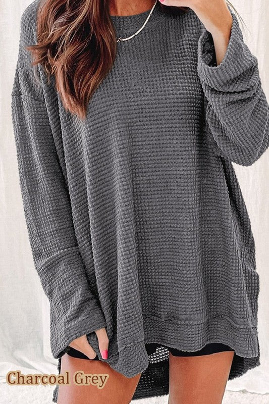 Effortlessly Cozy Waffle Knit Drop Sleeve Side Slits Oversized Top