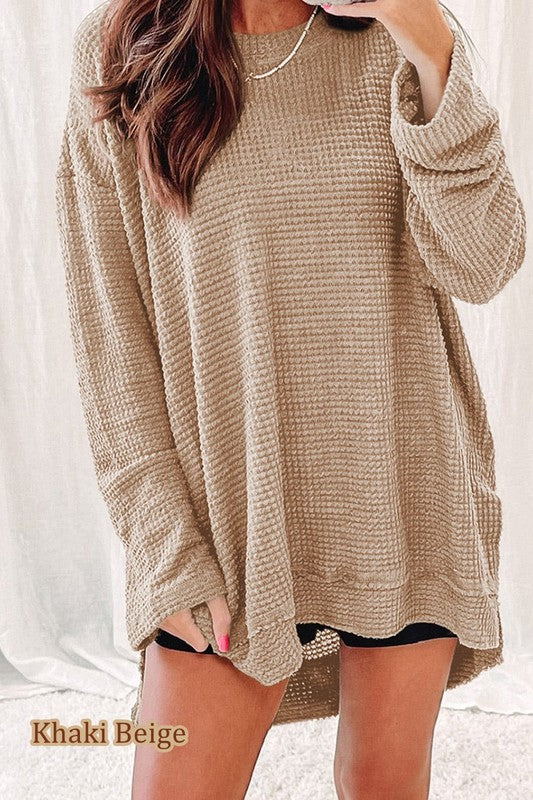 Effortlessly Cozy Waffle Knit Drop Sleeve Side Slits Oversized Top