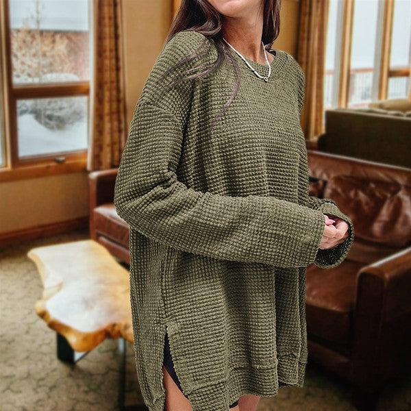 Effortlessly Cozy Waffle Knit Drop Sleeve Side Slits Oversized Top