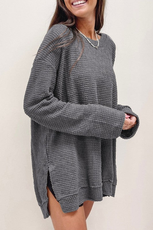 Effortlessly Cozy Waffle Knit Drop Sleeve Side Slits Oversized Top
