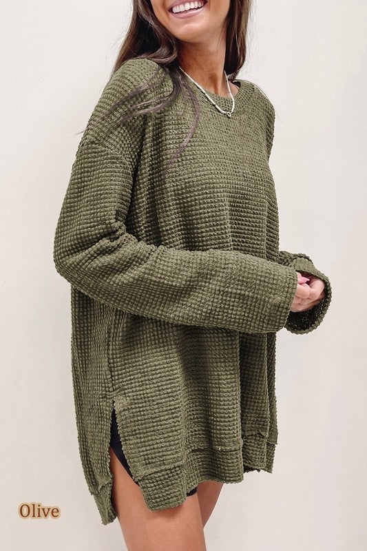 Effortlessly Cozy Waffle Knit Drop Sleeve Side Slits Oversized Top