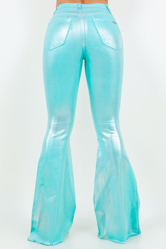 Mermaid Magic Metallic Bell Bottom Jean in Turquoise -Inseam 34