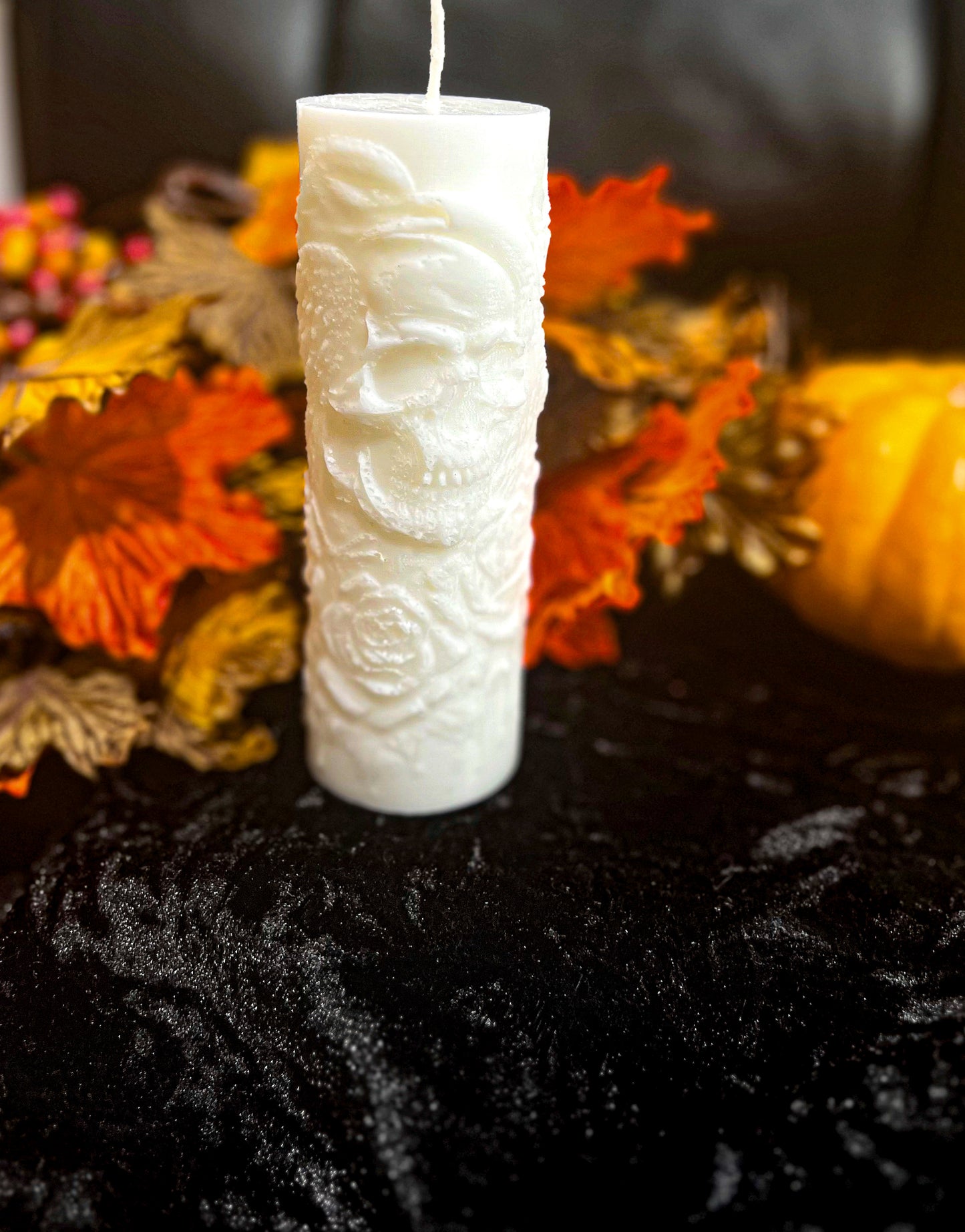 Skull and Raven Decorative Pillar Candle | Dark Academia Gothic Home Decor | Unique Halloween Accent | Handcrafted Coconut Wax Candle