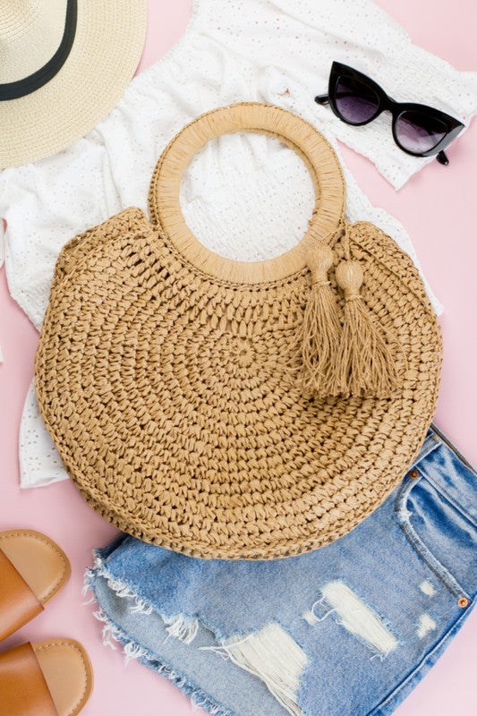 Cute Straw Tassel O-Ring Tote