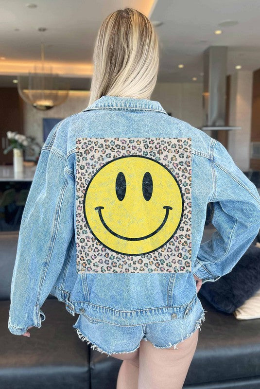 Smiley Face Leopard Denim Jacket