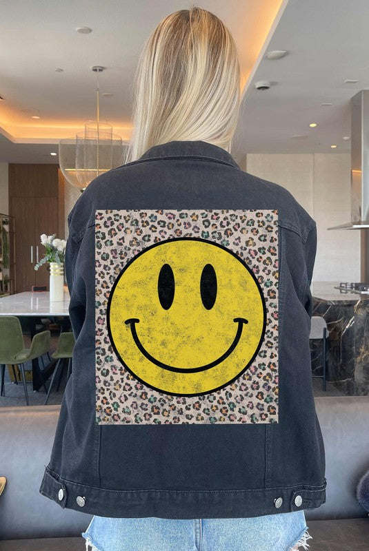 Smiley Face Leopard Denim Jacket