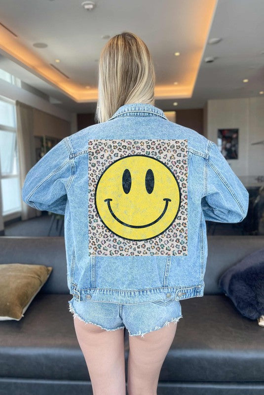 Smiley Face Leopard Denim Jacket