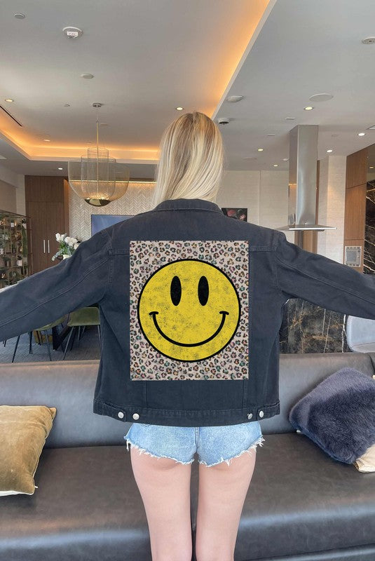 Smiley Face Leopard Denim Jacket