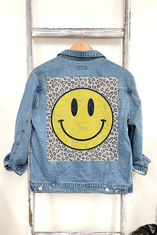 Smiley Face Leopard Denim Jacket