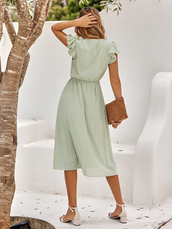 Sage Green V-neck Ruffle Sleeve Dress