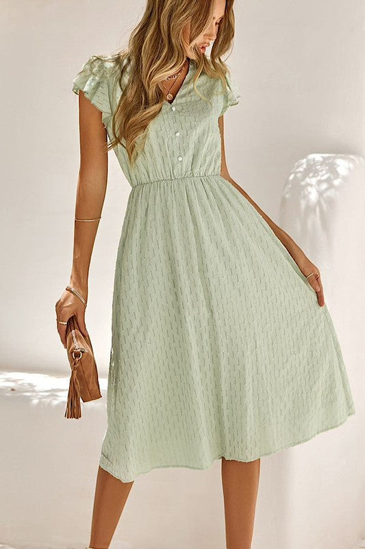 Sage Green V-neck Ruffle Sleeve Dress