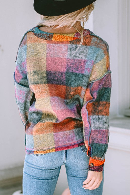 Colorful plaid button Shacket Cardigan Sweater