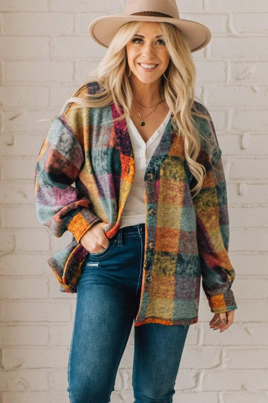 Colorful plaid button Shacket Cardigan Sweater