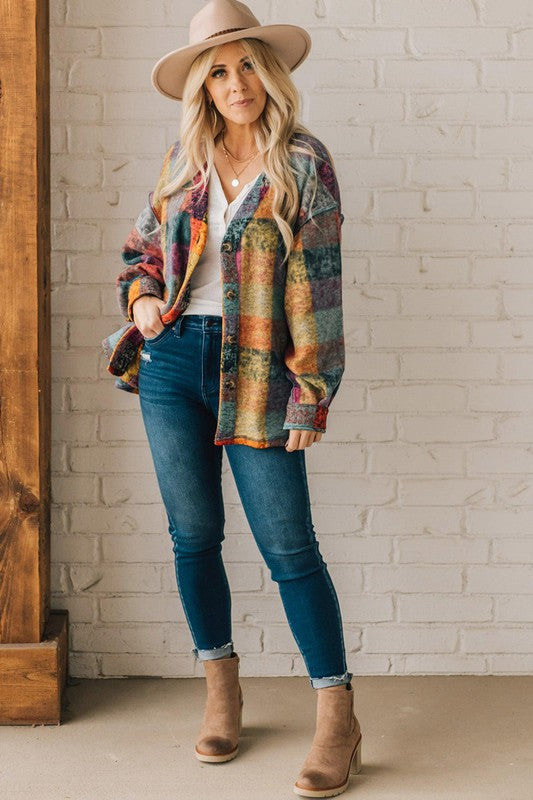 Colorful plaid button Shacket Cardigan Sweater