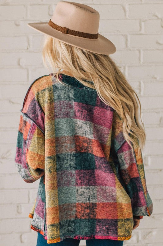 Colorful plaid button Shacket Cardigan Sweater