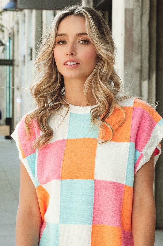 Pretty in Patchwork Multi-Color Checker Sweater Vest