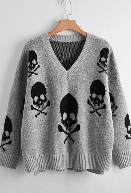 Cute and Spooky Skull V-neck Sweater