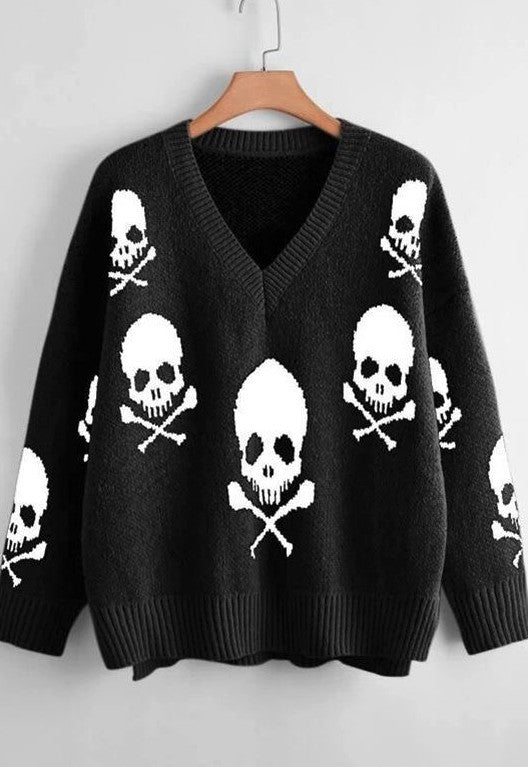 Cute and Spooky Skull V-neck Sweater