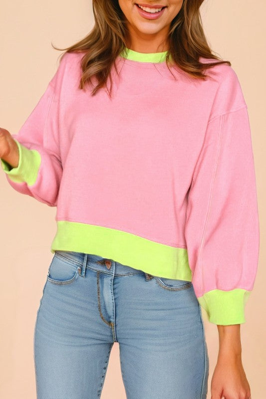 Contrast Trim 90's Neon Bubble Sleeve Sweatshirt