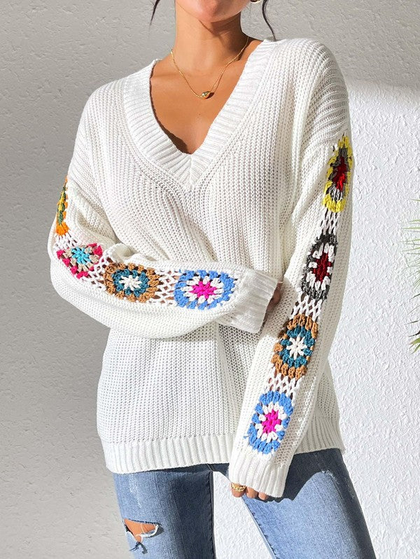 Boho Beauty V neck Crochet Sleeve Sweater