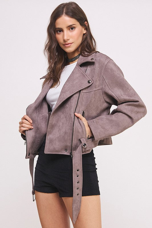 She's a Rebel Belted Suede Moto Jacket