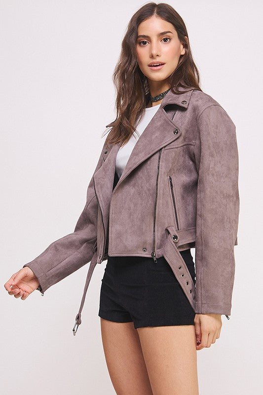 She's a Rebel Belted Suede Moto Jacket