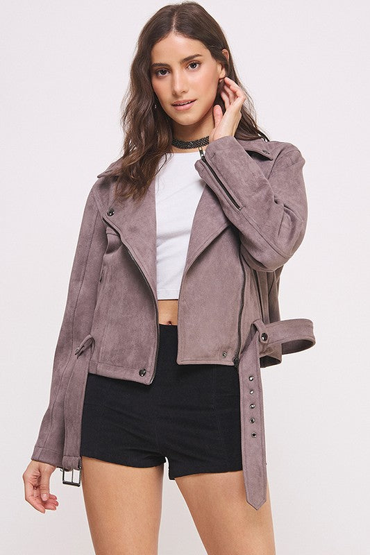 She's a Rebel Belted Suede Moto Jacket