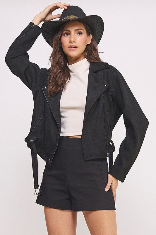 She's a Rebel Belted Suede Moto Jacket