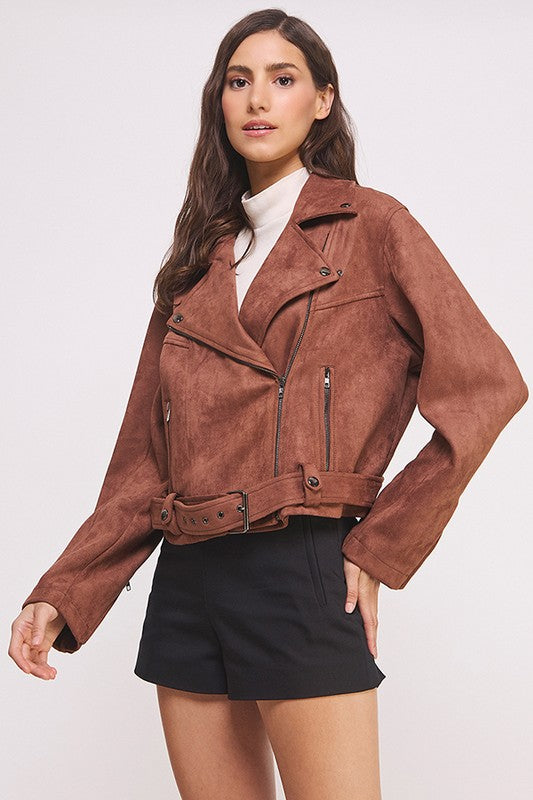 She's a Rebel Belted Suede Moto Jacket