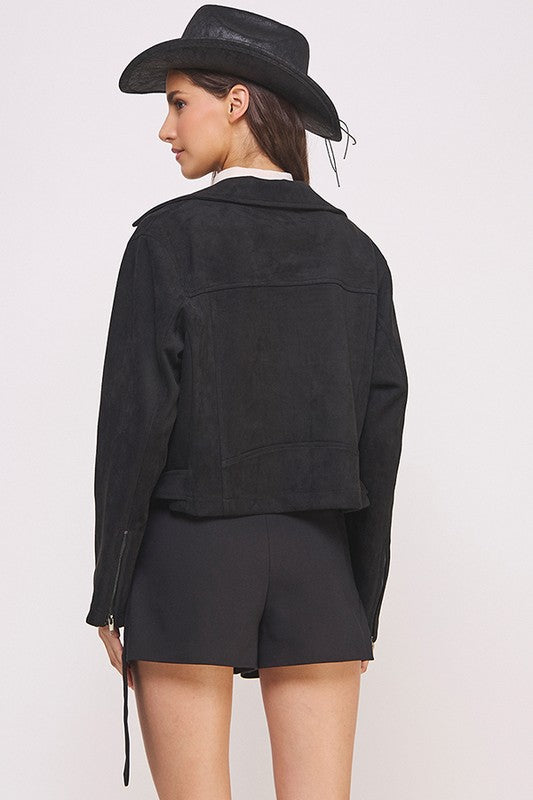 She's a Rebel Belted Suede Moto Jacket