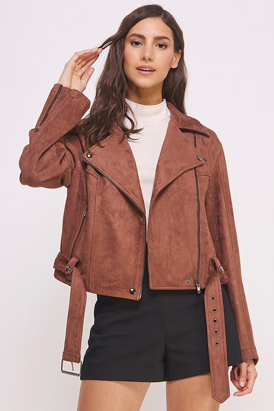 She's a Rebel Belted Suede Moto Jacket