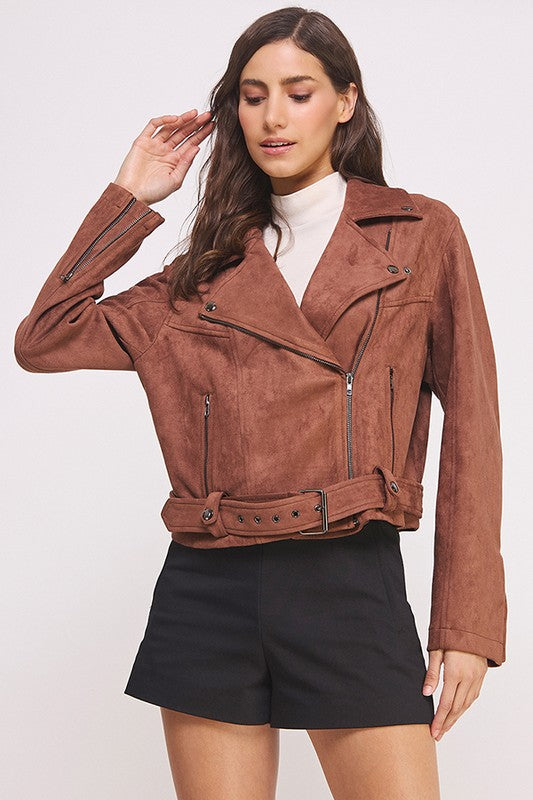 She's a Rebel Belted Suede Moto Jacket