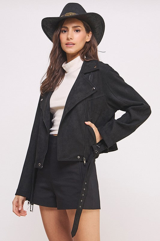 She's a Rebel Belted Suede Moto Jacket