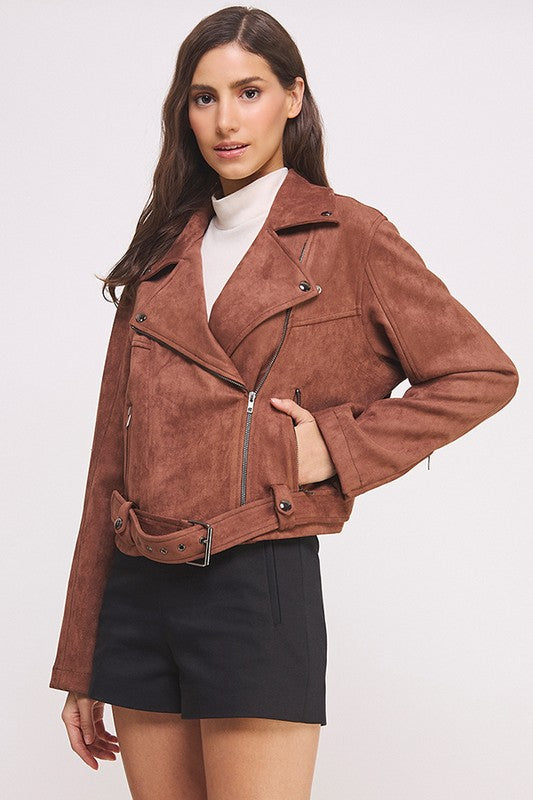 She's a Rebel Belted Suede Moto Jacket