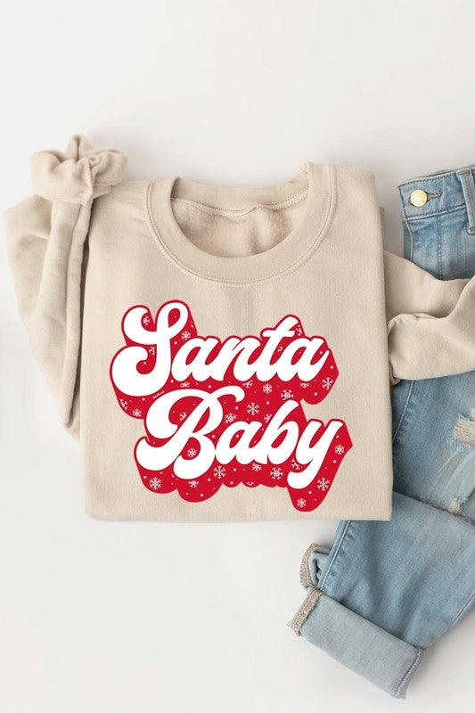 Retro Style Santa Baby Graphic Fleece Sweatshirt