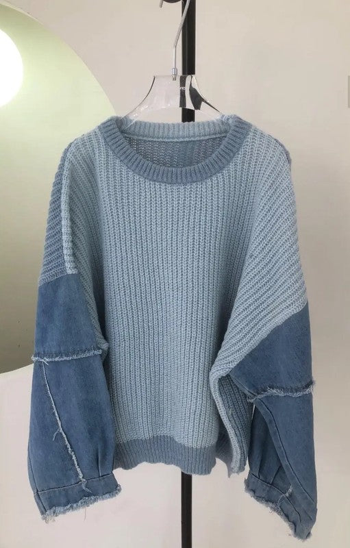 Blue Jean Babe Denim Jeans Sleeve Knit Sweater