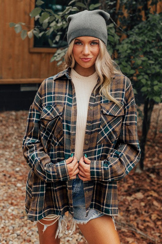 Autumn Leaves Plaid Print Button Down Shacket