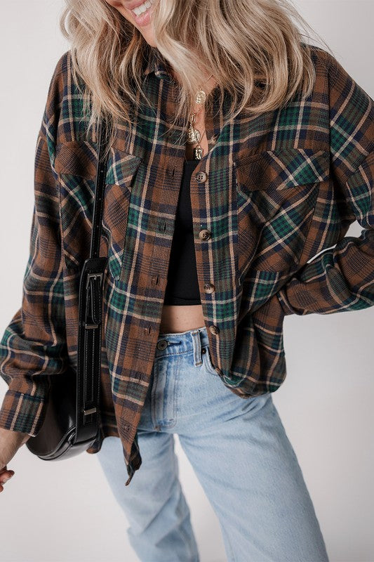 Autumn Leaves Plaid Print Button Down Shacket