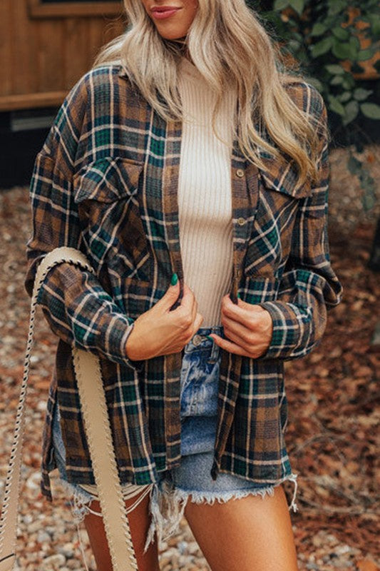 Autumn Leaves Plaid Print Button Down Shacket