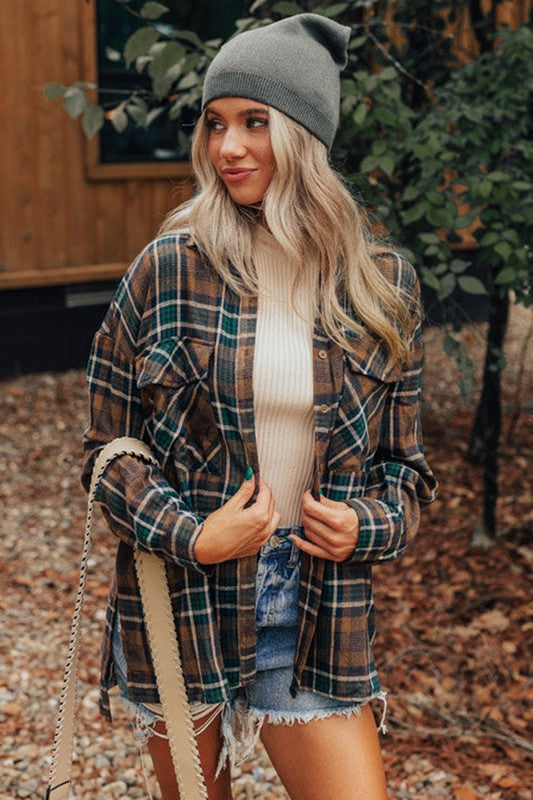 Autumn Leaves Plaid Print Button Down Shacket