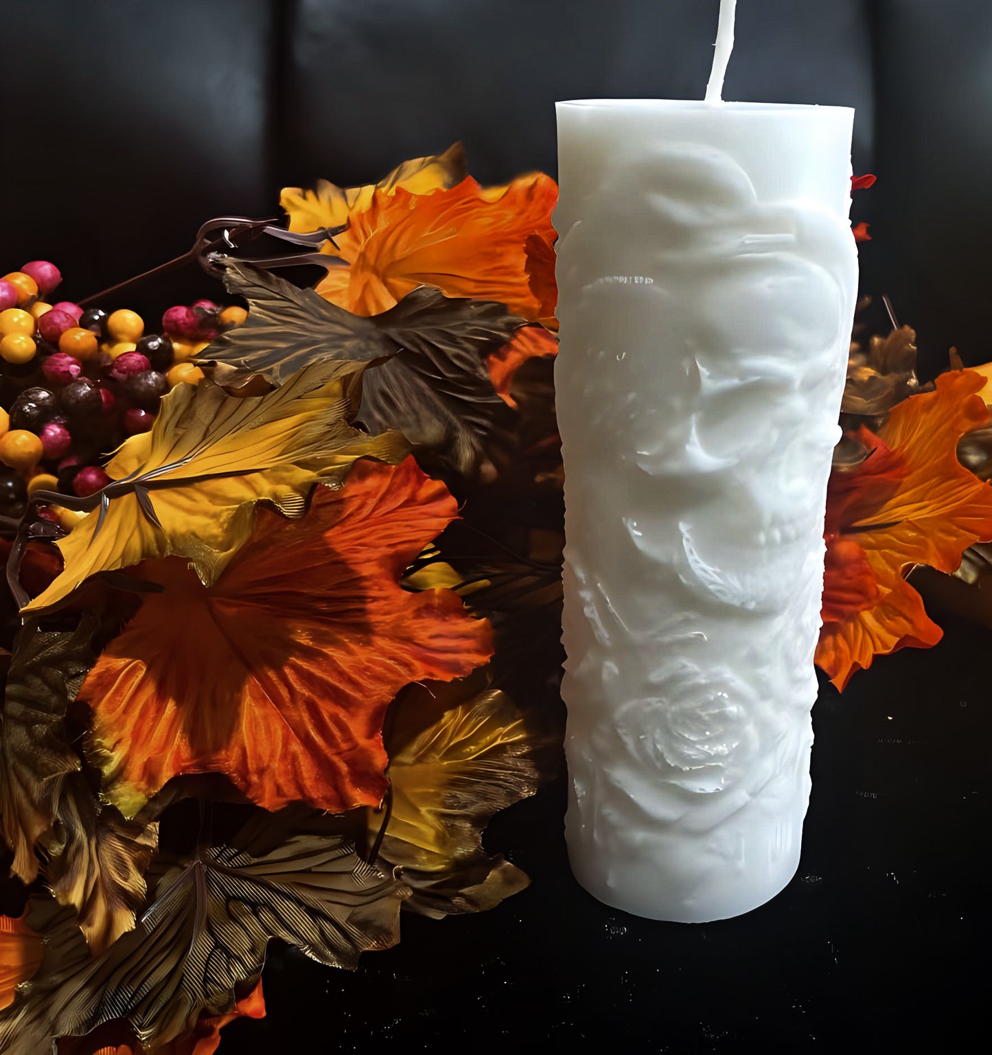 Skull and Raven Decorative Pillar Candle | Dark Academia Gothic Home Decor | Unique Halloween Accent | Handcrafted Coconut Wax Candle