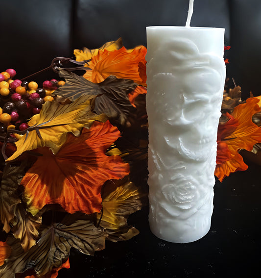 Skull and Raven Decorative Pillar Candle | Dark Academia Gothic Home Decor | Unique Halloween Accent | Handcrafted Coconut Wax Candle