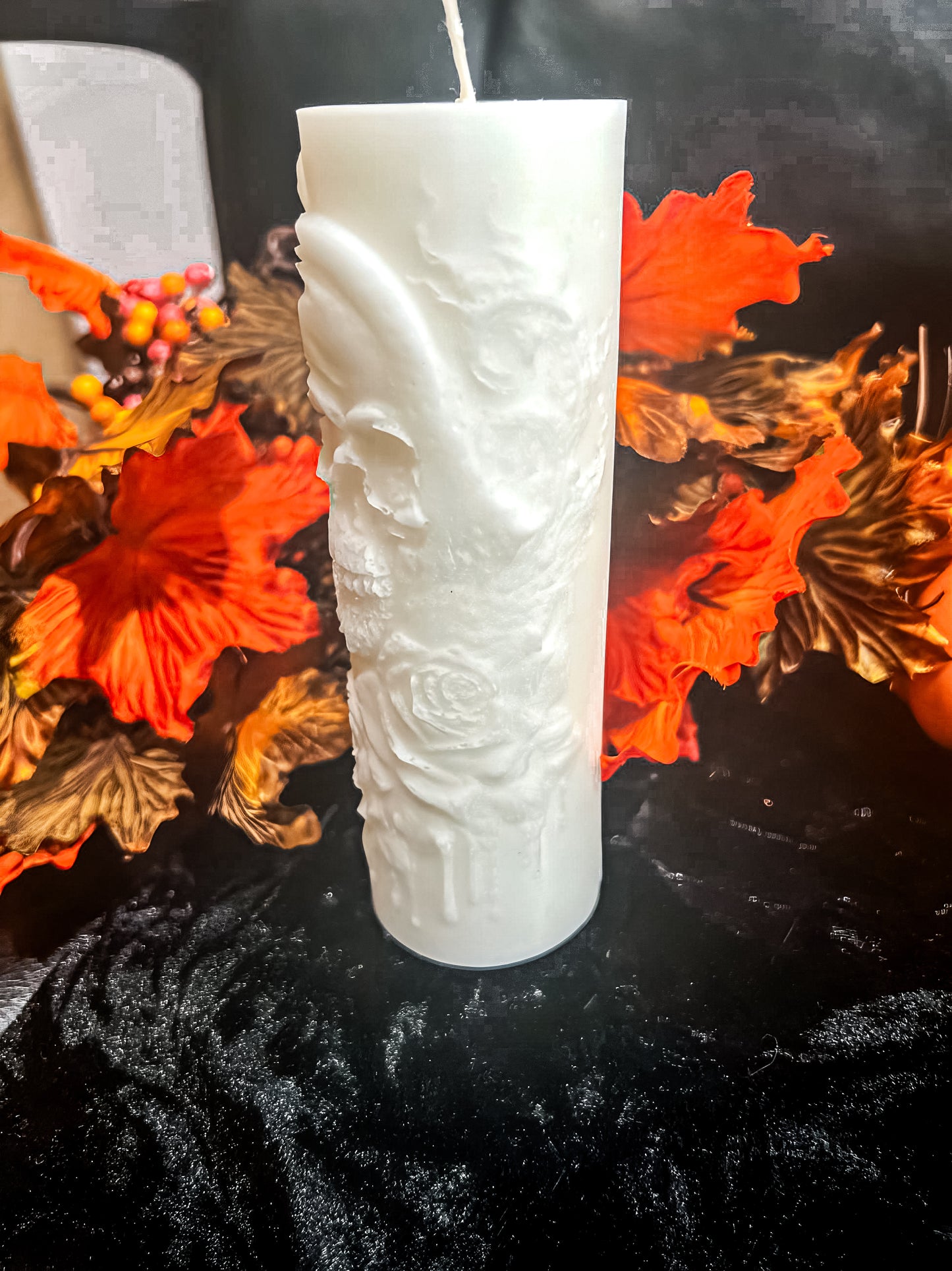 Skull and Raven Decorative Pillar Candle | Dark Academia Gothic Home Decor | Unique Halloween Accent | Handcrafted Coconut Wax Candle